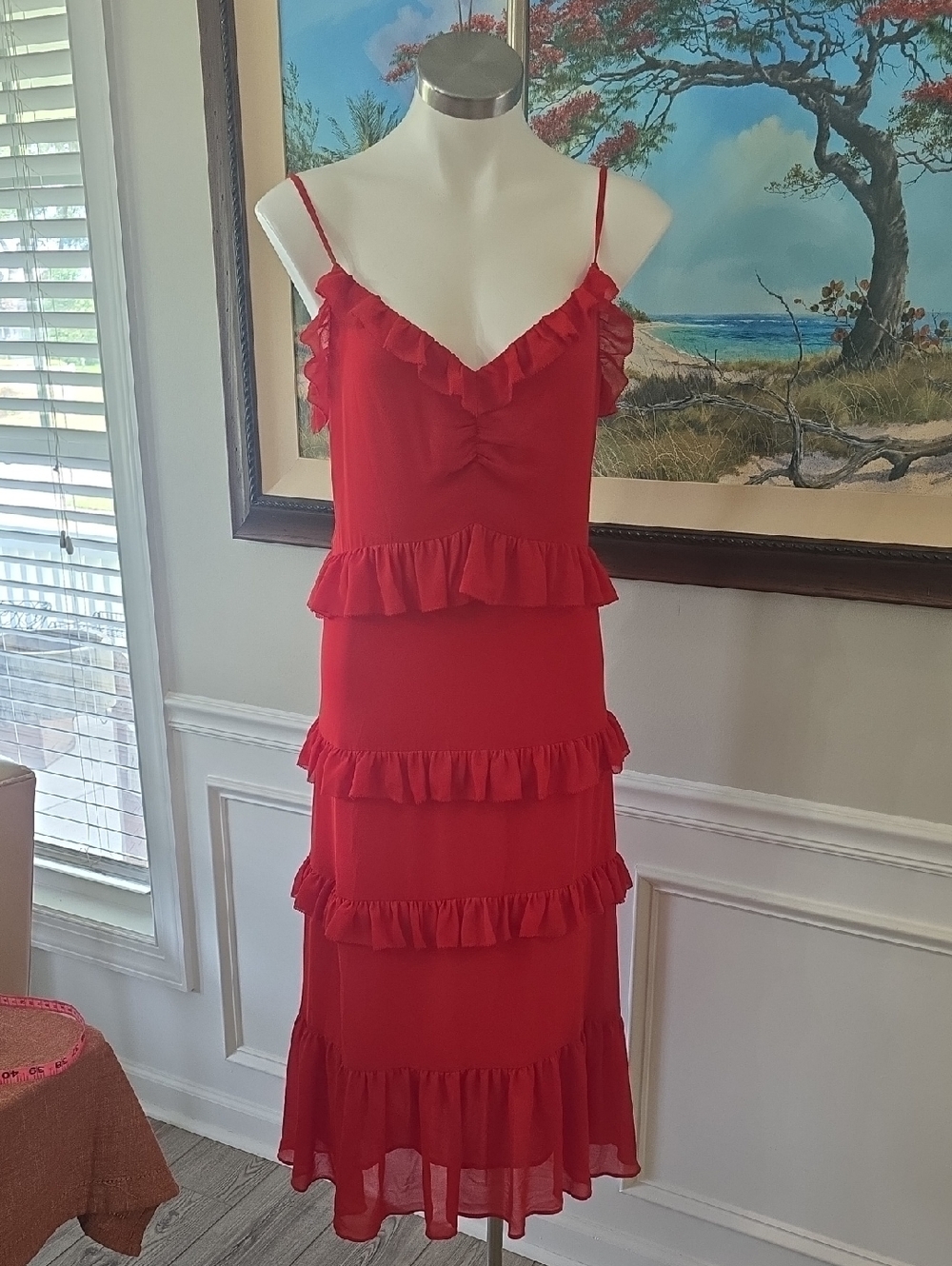 Michael Kors Red Spaghetti-Strap Ruffle Midi Dress